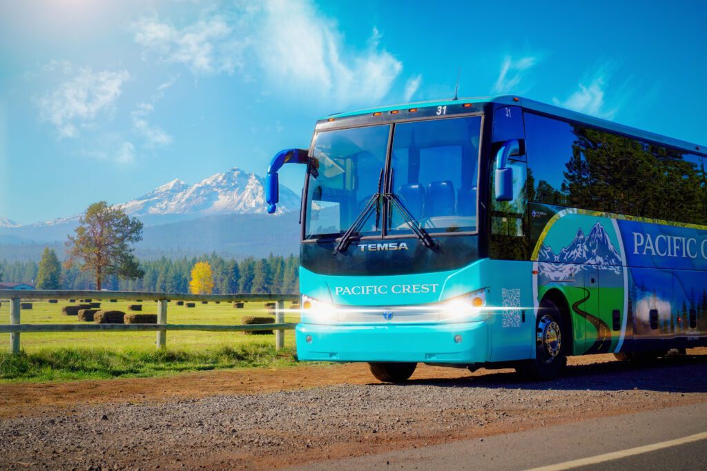 Front of Pacific Crest Bus Lines Charter Bus at a popular destination in Central Oregon