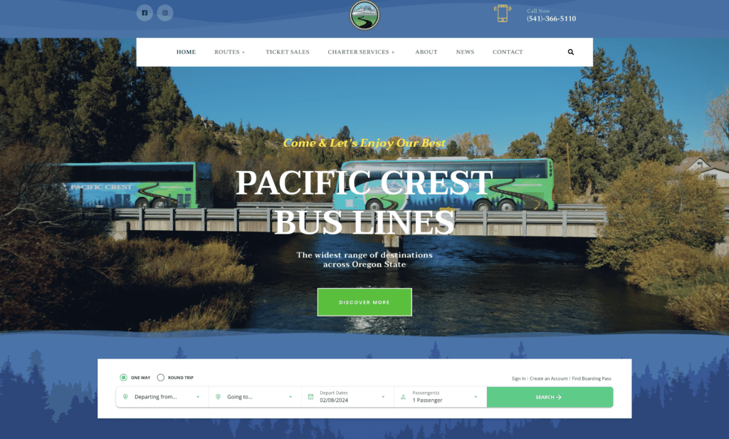 Front page of the Pacific Crest Bus Lines website
